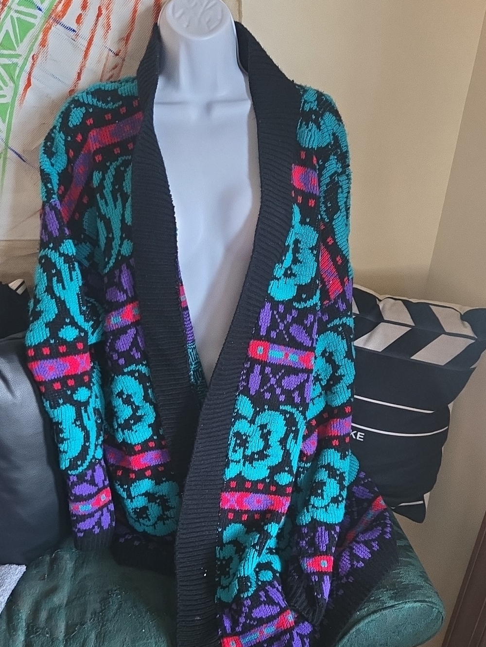 Floral Pattern Open-Front Cardigan Sweater in Teal, Purple & Magenta